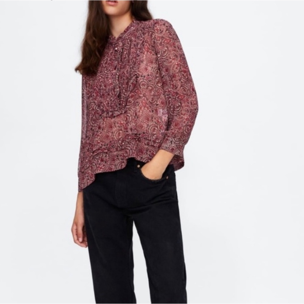 ZARA Woman Paisley Print Chiffon Jewel Button Blouse Size S